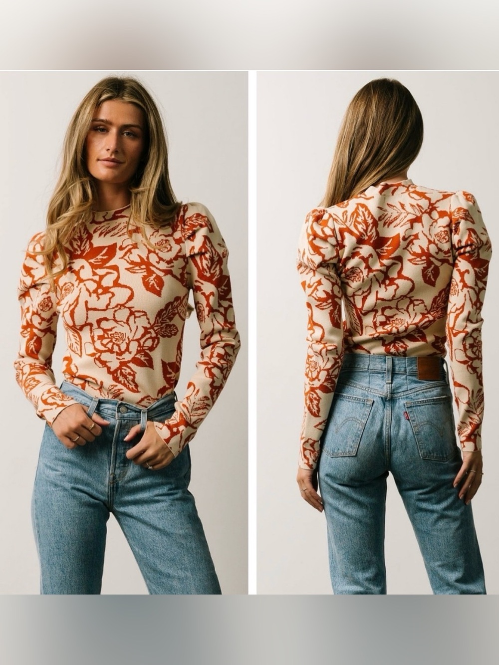 Baltic Born Sebastianβ Puff Sleeve Shoulder Floral Knit Sweater XL Cream Orange